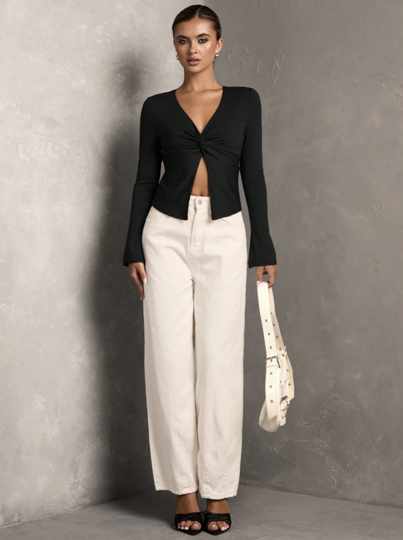 Mae V Neck Front Twist Full Sleeves Crop Top - Image 3