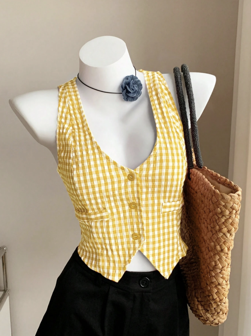 Jess Yellow Check Vest Cotton Top