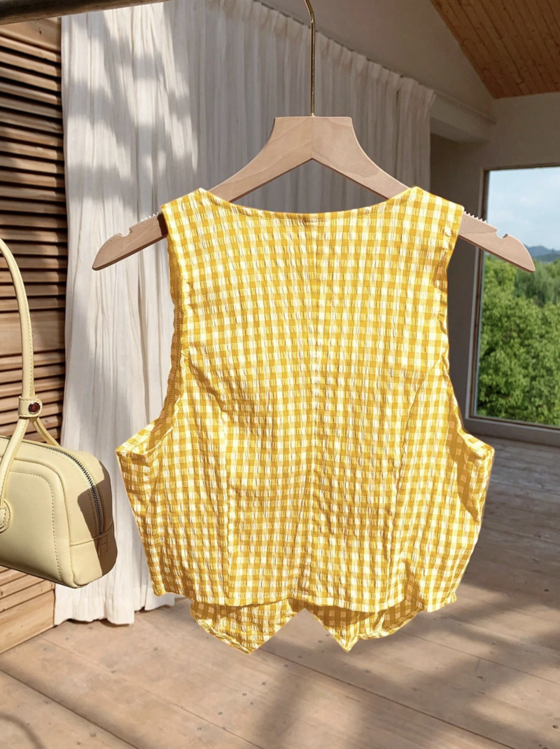 Jess Yellow Check Vest Cotton Top - Image 2