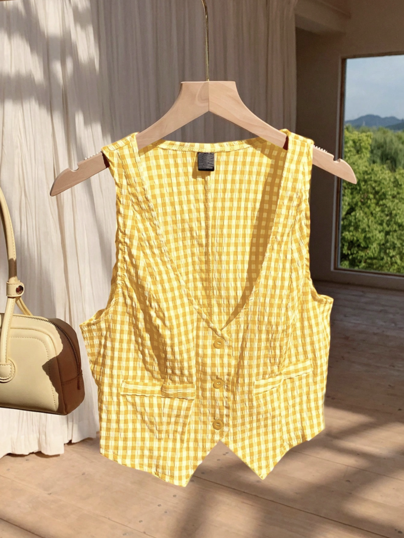 Jess Yellow Check Vest Cotton Top - Image 3