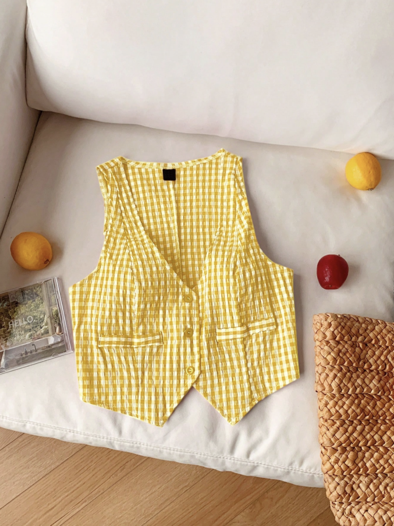 Jess Yellow Check Vest Cotton Top - Image 4