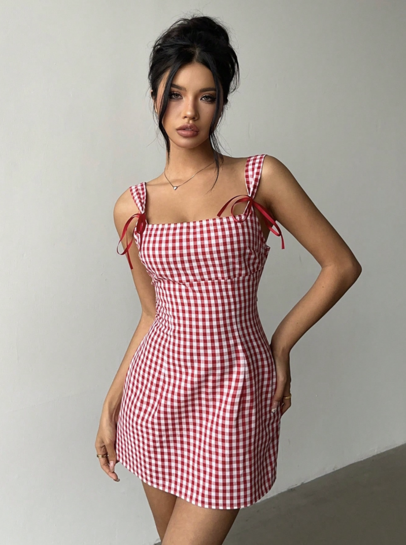Avira Red Check Bow Tie Mini Dress - Image 7