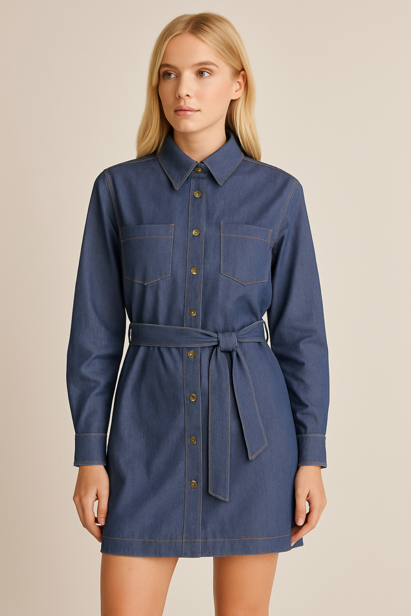Imara Blue Belted Full Sleeves Mini Denim Dress