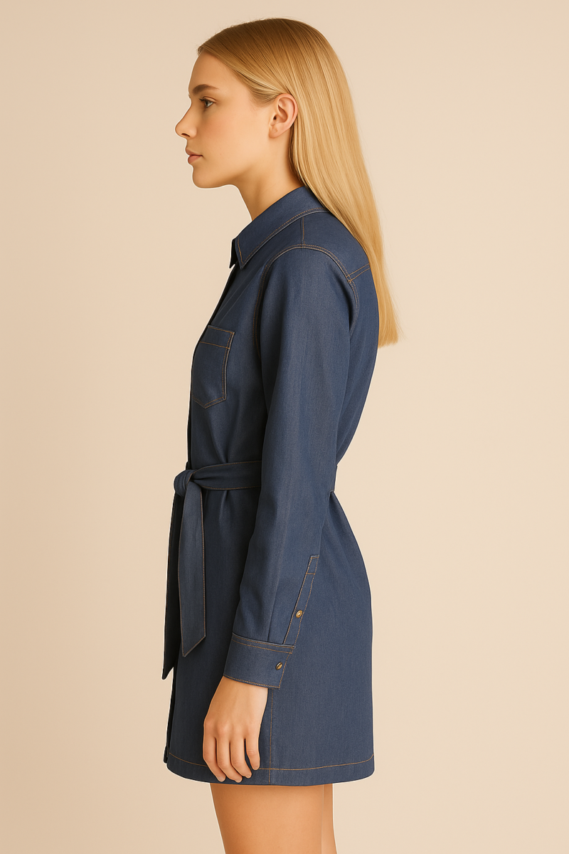 Imara Blue Belted Full Sleeves Mini Denim Dress - Image 2