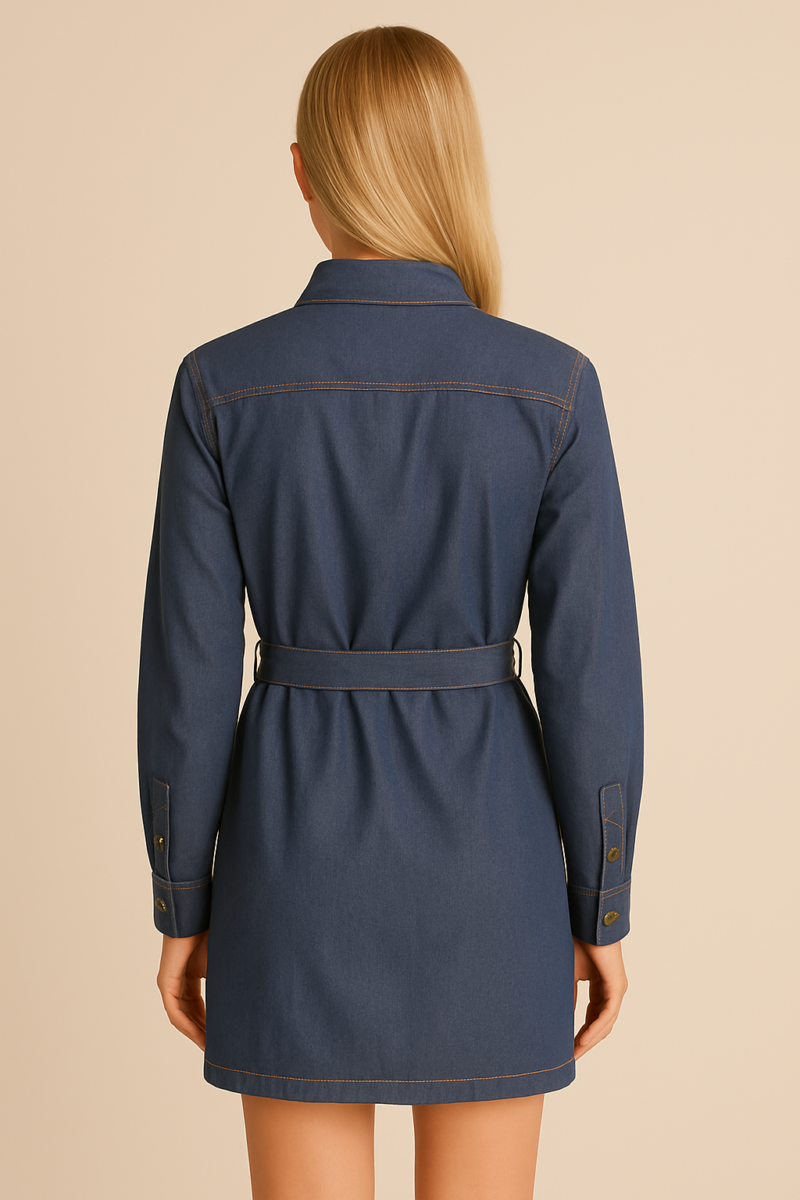 Imara Blue Belted Full Sleeves Mini Denim Dress - Image 3