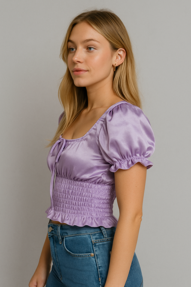 Diana Purple Ruched Puff Sleeves Crop Top - Image 2