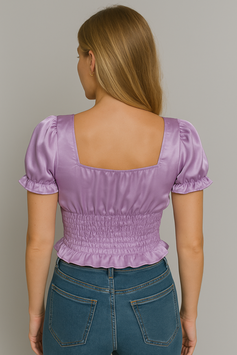 Diana Purple Ruched Puff Sleeves Crop Top - Image 3