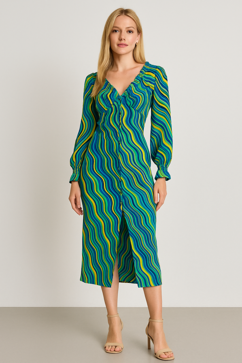 Perla Wave Print Slit Leg Full Sleeves Midi Dress