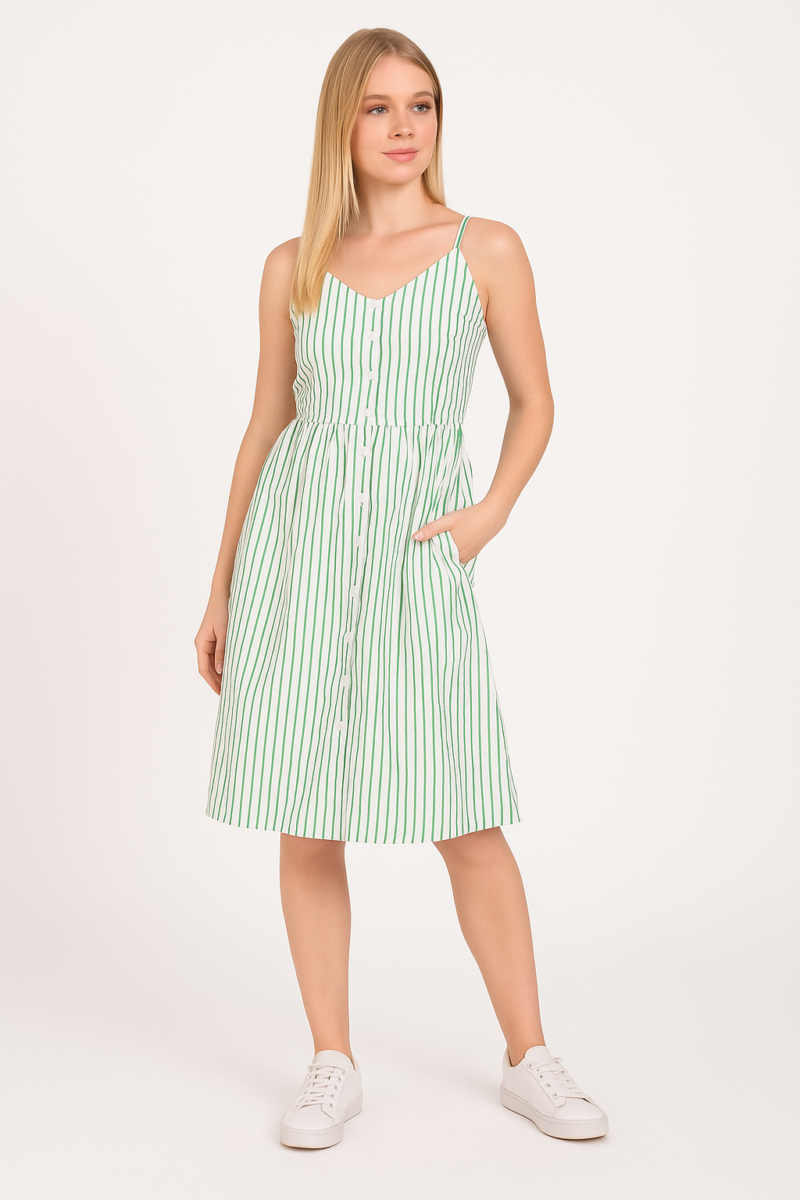 Reni Green Stripes Cami Buttoned Dress