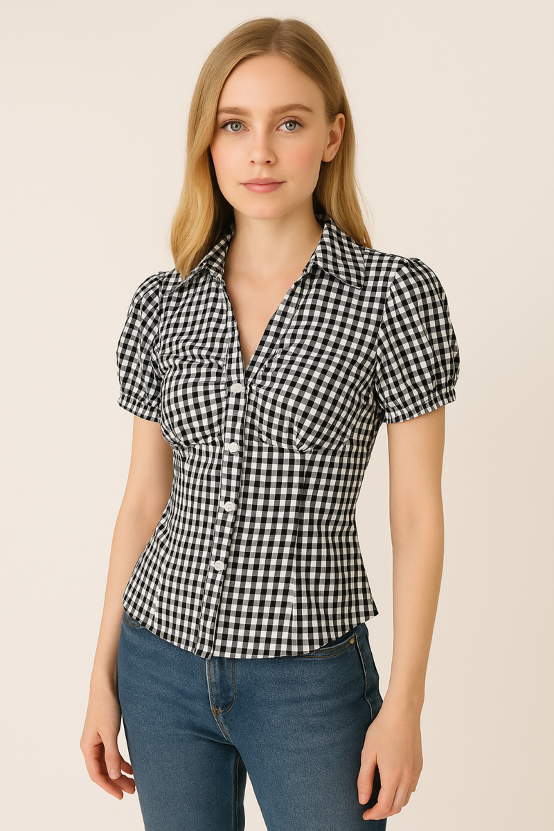 Dimisha Black White Check Puff Sleeves Shirt Top