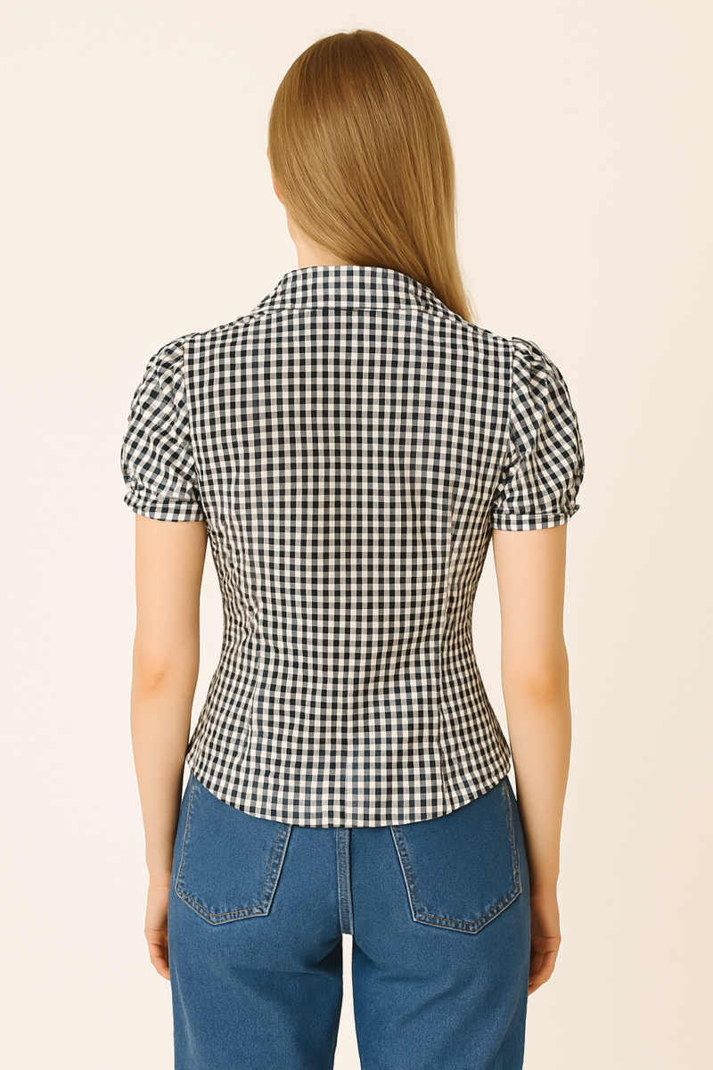 Dimisha Black White Check Puff Sleeves Shirt Top - Image 2