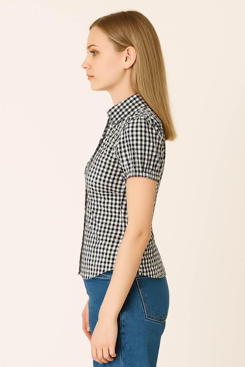 Dimisha Black White Check Puff Sleeves Shirt Top - Image 3