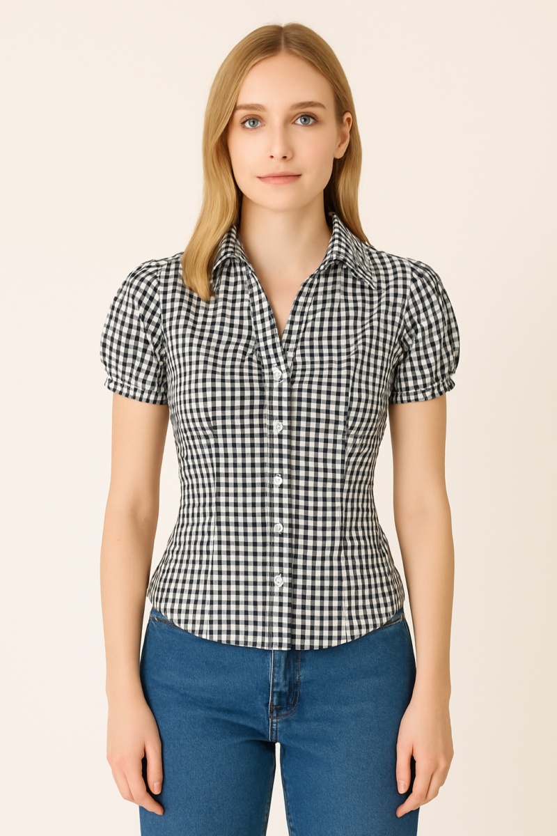 Dimisha Black White Check Puff Sleeves Shirt Top - Image 4