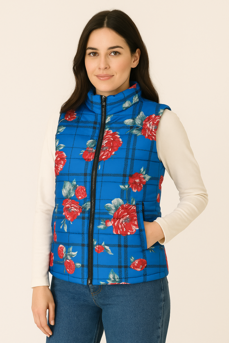 Eva Blue Floral Sleeveless Puffer Jacket - Image 4