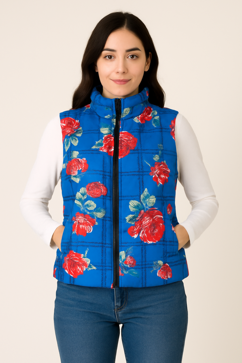 Eva Blue Floral Sleeveless Puffer Jacket