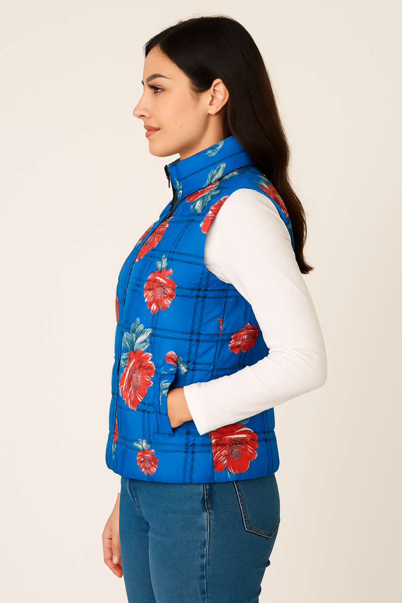 Eva Blue Floral Sleeveless Puffer Jacket - Image 2