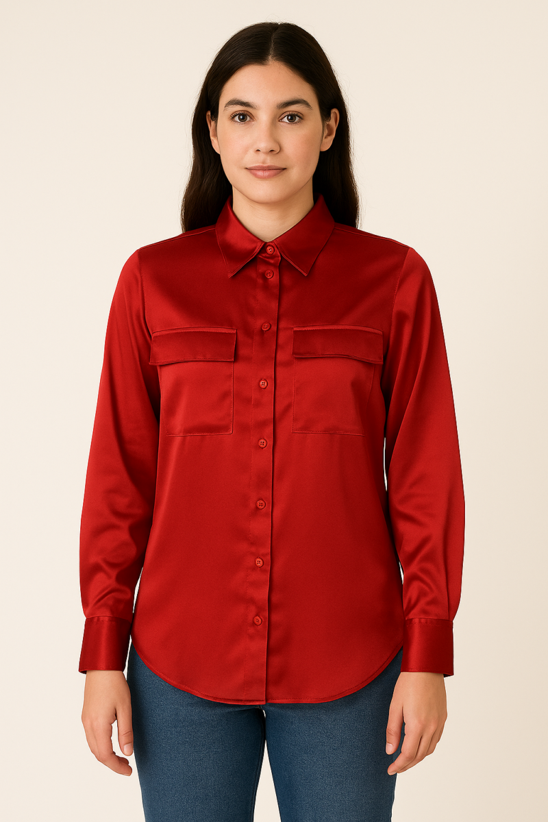Steffy Red Full Sleeves Relaxed Fit Satin Shirt