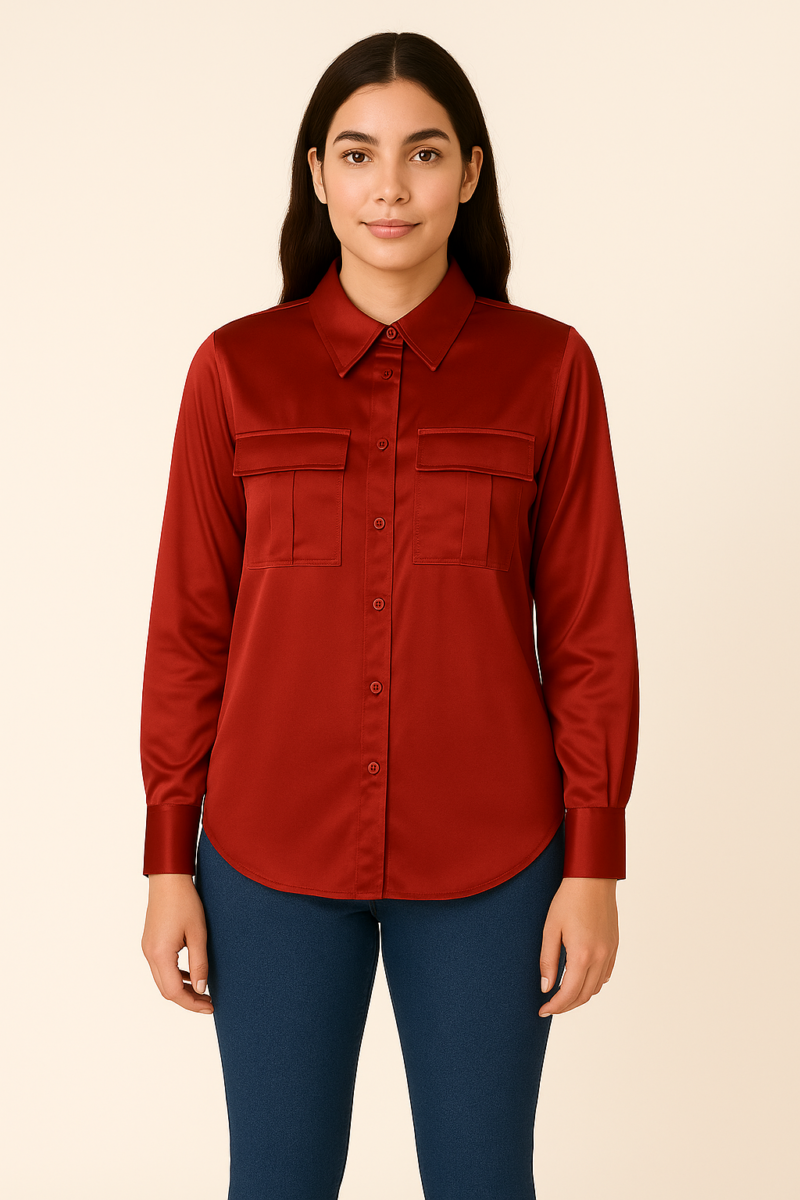 Steffy Red Full Sleeves Relaxed Fit Satin Shirt - Image 2