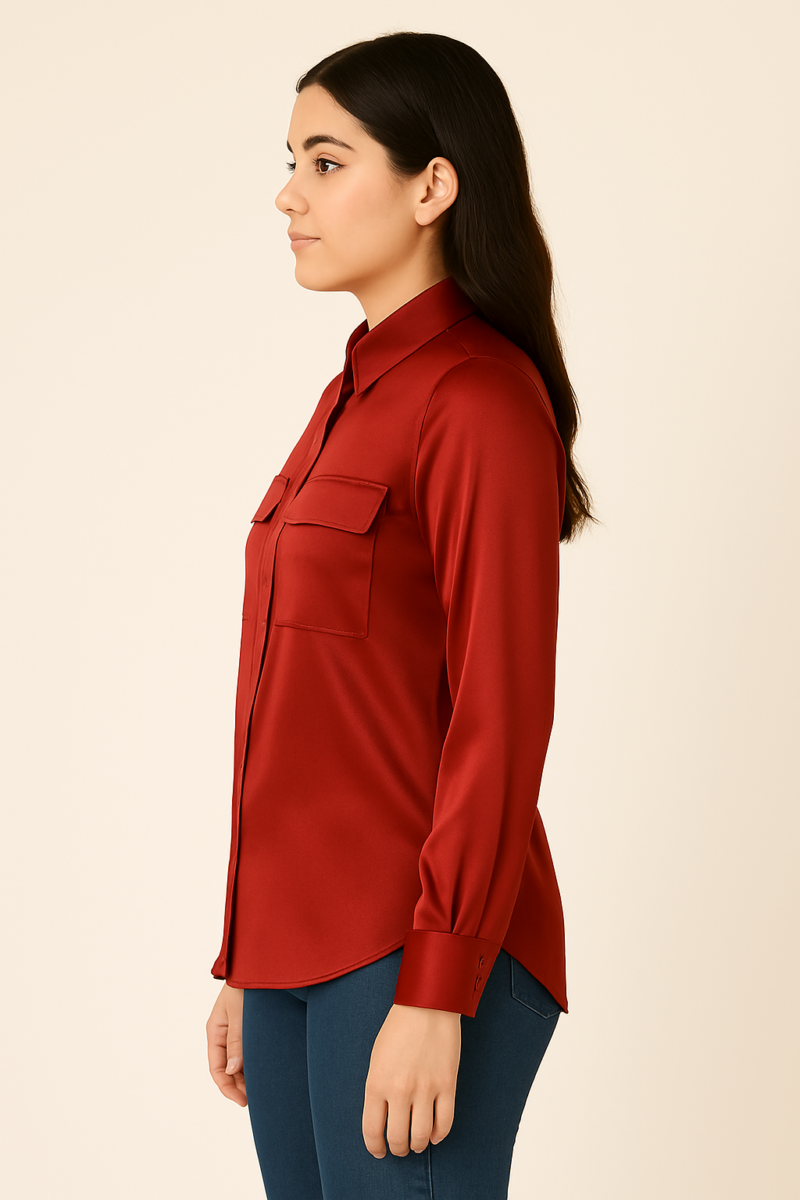 Steffy Red Full Sleeves Relaxed Fit Satin Shirt - Image 3