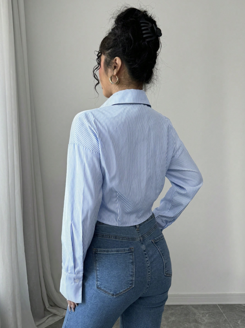 Aza Blue Striped Ruched Crop Full Sleeves Shirt - Image 2