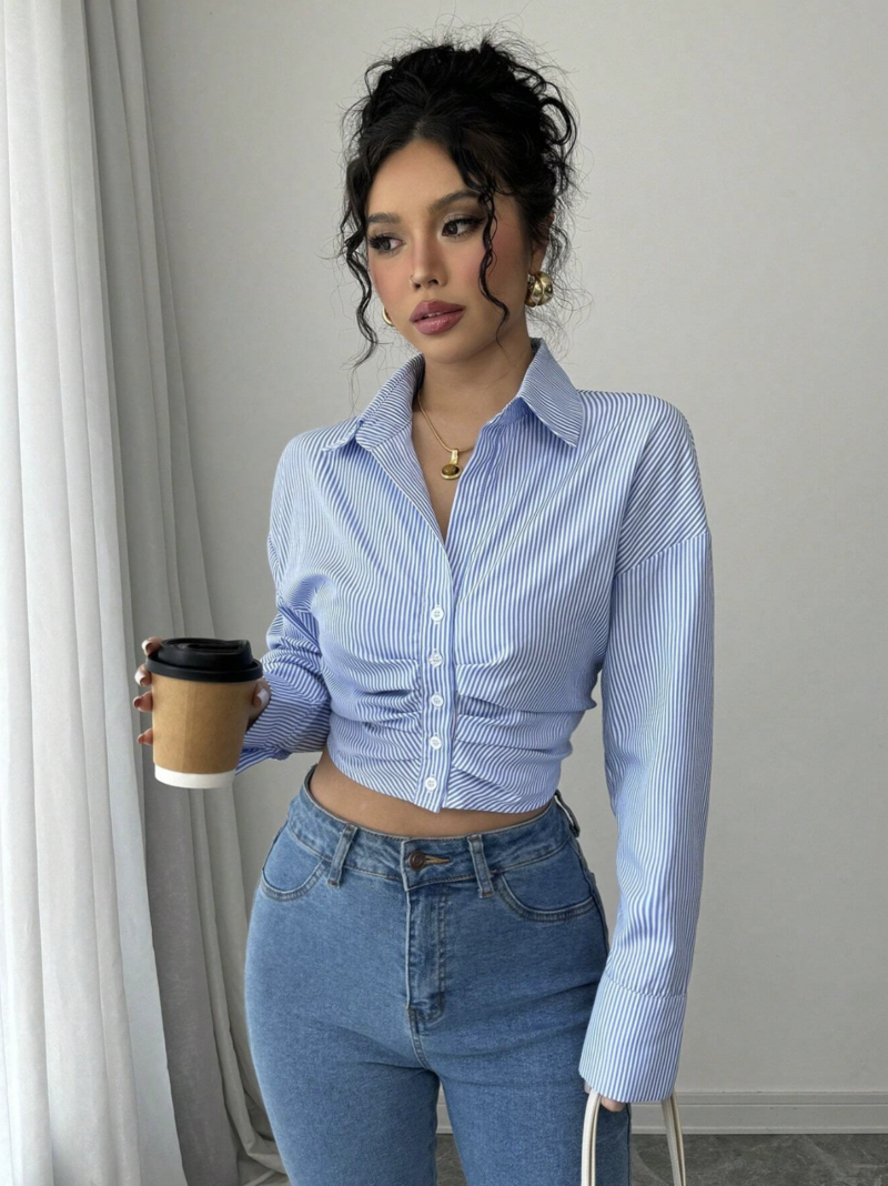Aza Blue Striped Ruched Crop Full Sleeves Shirt - Image 3