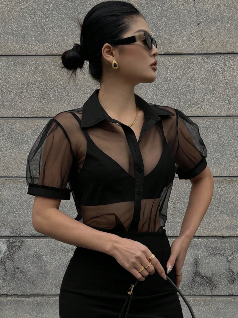Lydia Black Puff Sleeves Mesh Buttoned Shirt Top - Image 2