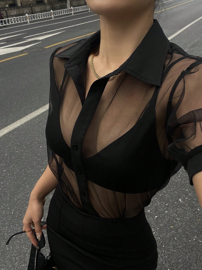 Lydia Black Puff Sleeves Mesh Buttoned Shirt Top - Image 4