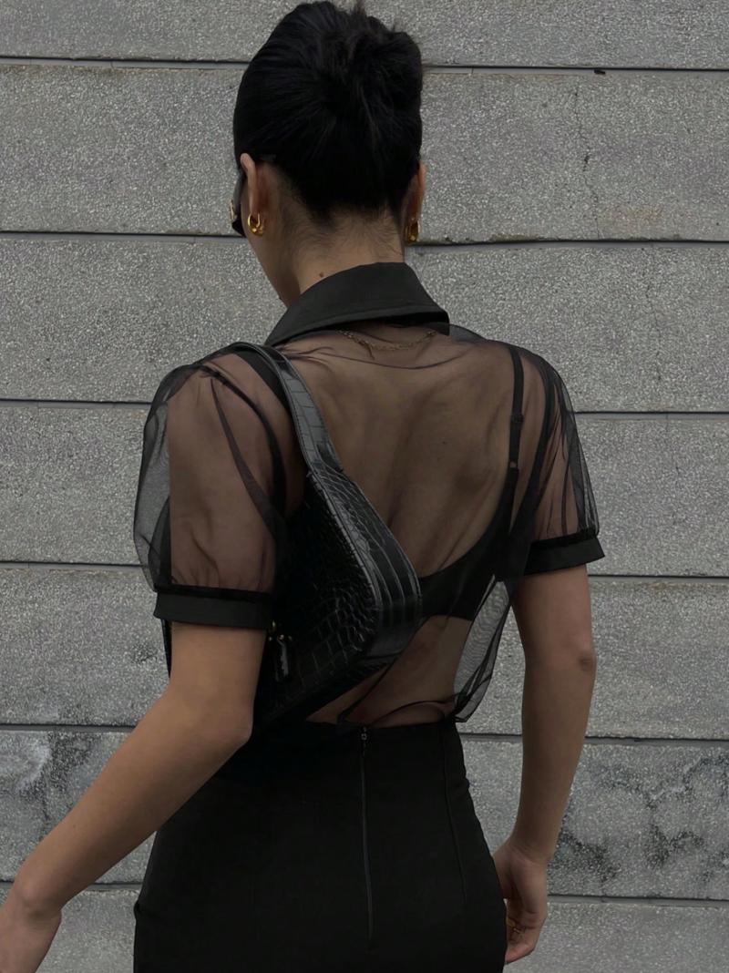 Lydia Black Puff Sleeves Mesh Buttoned Shirt Top - Image 5