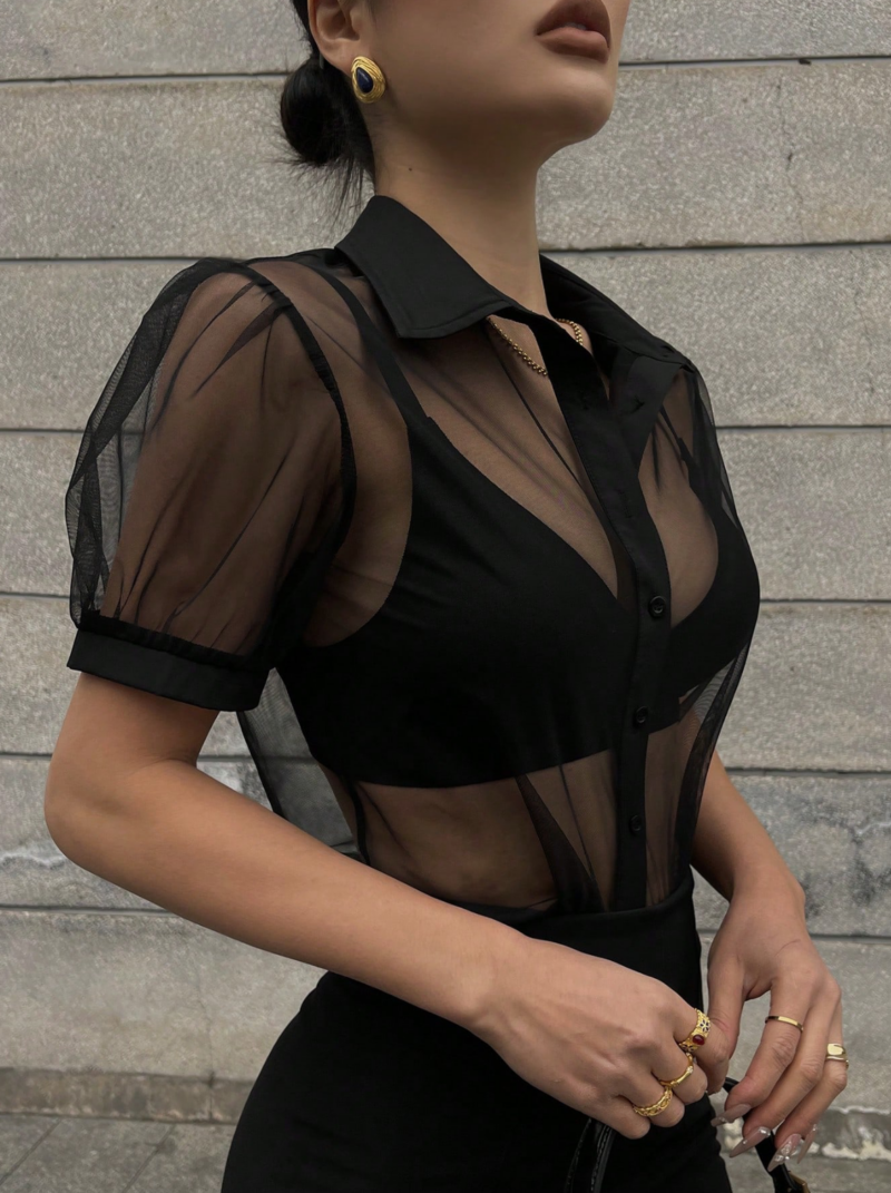 Lydia Black Puff Sleeves Mesh Buttoned Shirt Top - Image 3