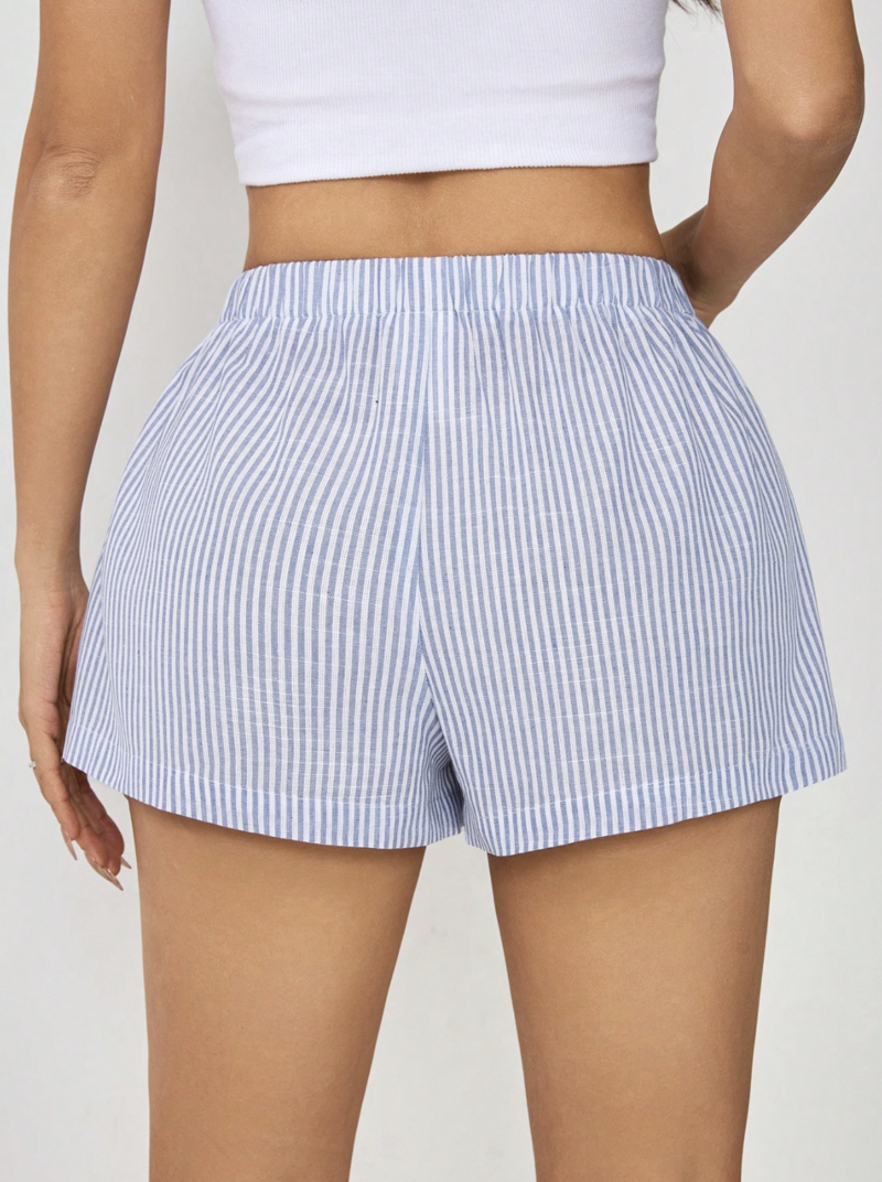 Steph Blue Striped Buttoned Cotton Shorts - Image 2