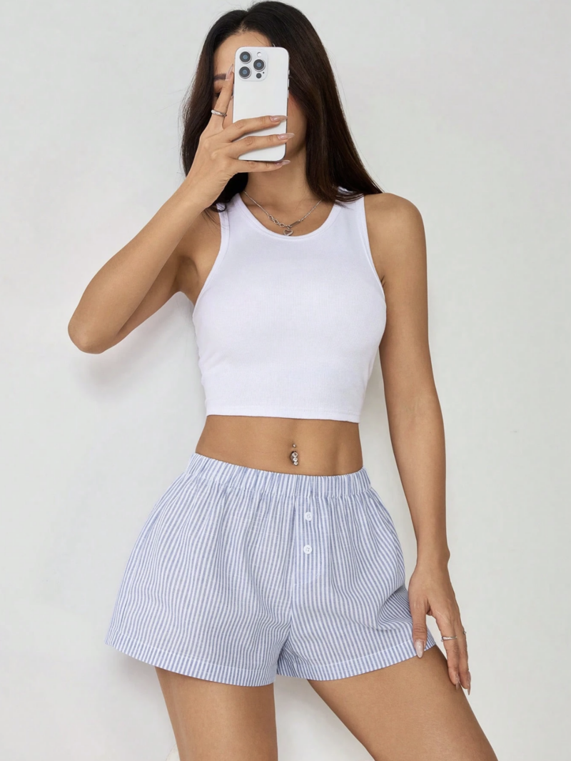 Steph Blue Striped Buttoned Cotton Shorts - Image 5