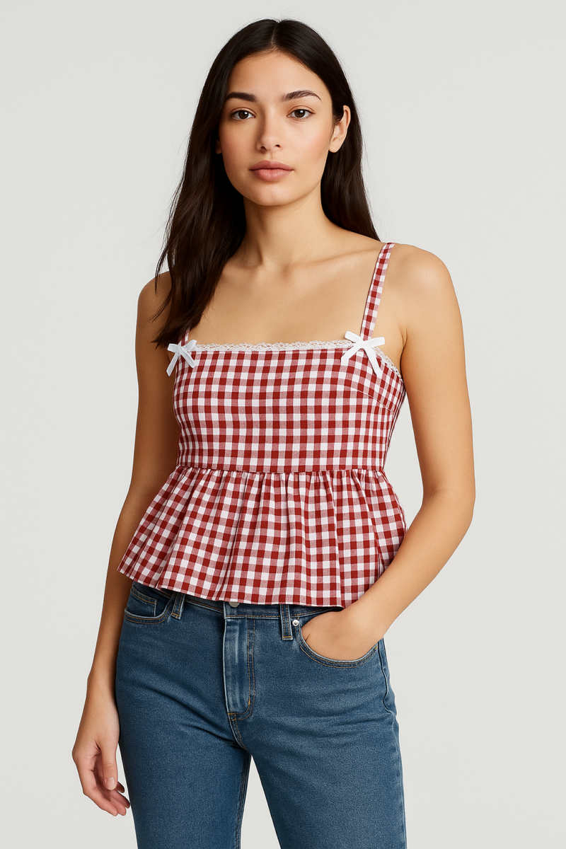 Alora Red Check Lace Bow Tie Cami Crop Top