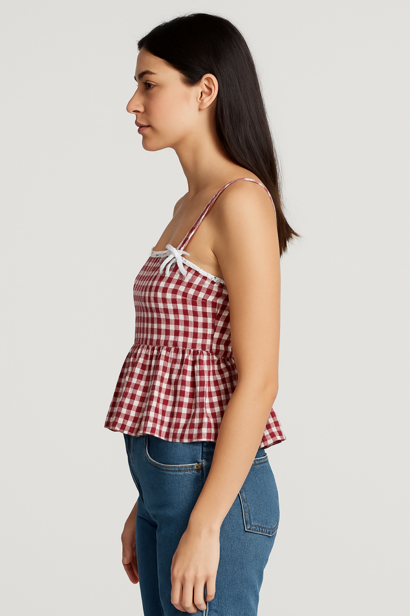 Alora Red Check Lace Bow Tie Cami Crop Top - Image 2
