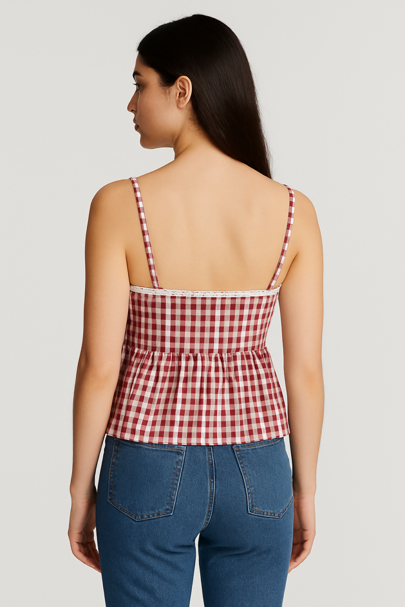Alora Red Check Lace Bow Tie Cami Crop Top - Image 3