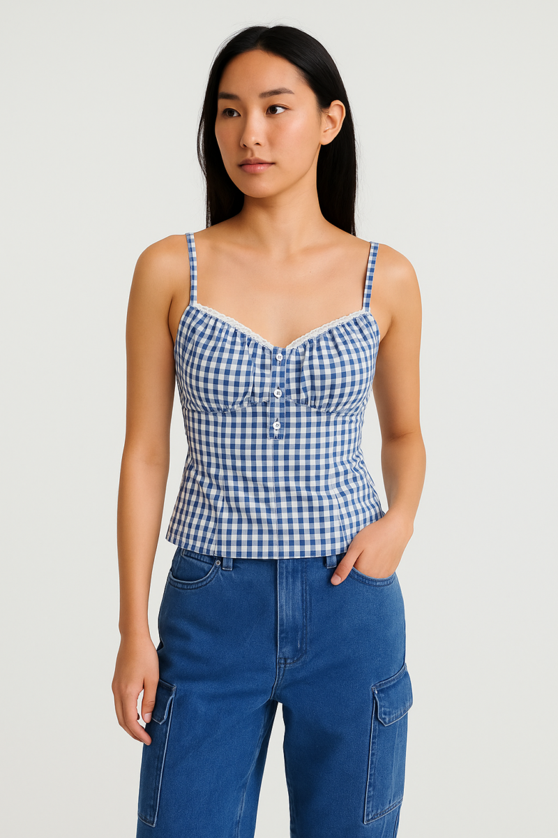 Sivi Blue Check Cami Lace Crop Top