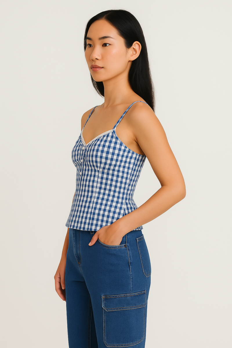 Sivi Blue Check Cami Lace Crop Top - Image 2