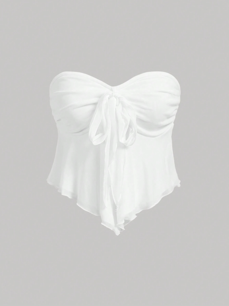 Celina White Stretchy Mesh Tie Neck Off Shoulder Crop Top