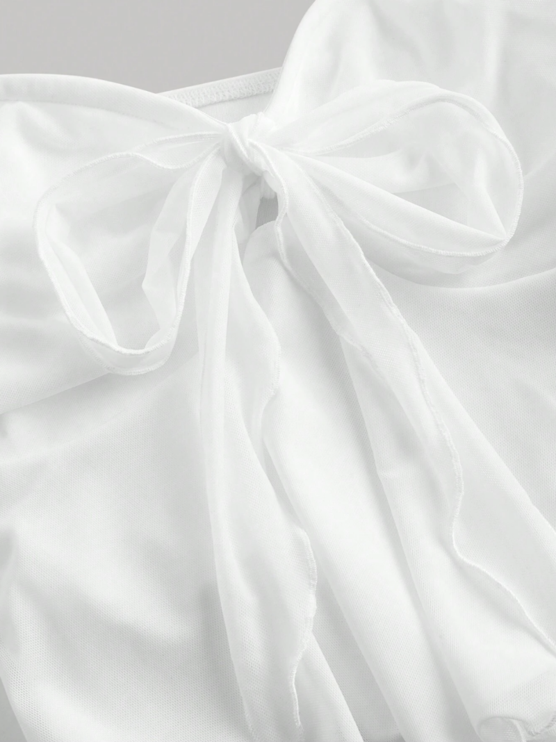 Celina White Stretchy Mesh Tie Neck Off Shoulder Crop Top - Image 3