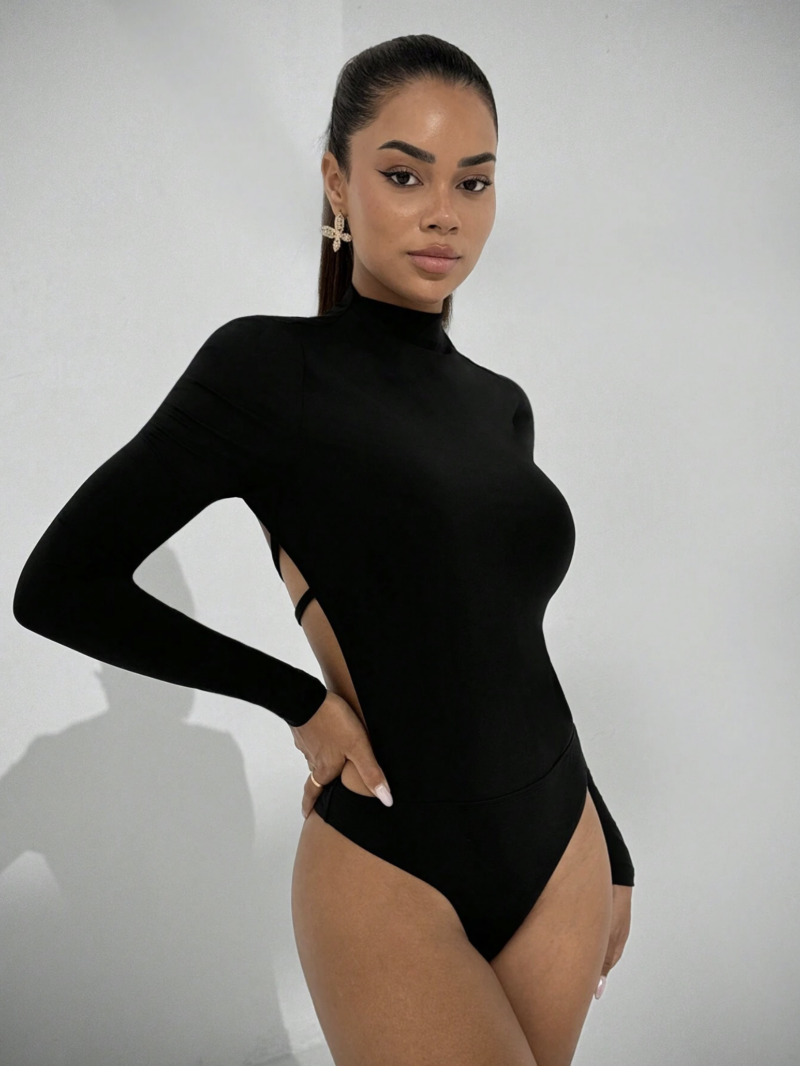 Pamy Black Full Sleeves Backless Bodysuit