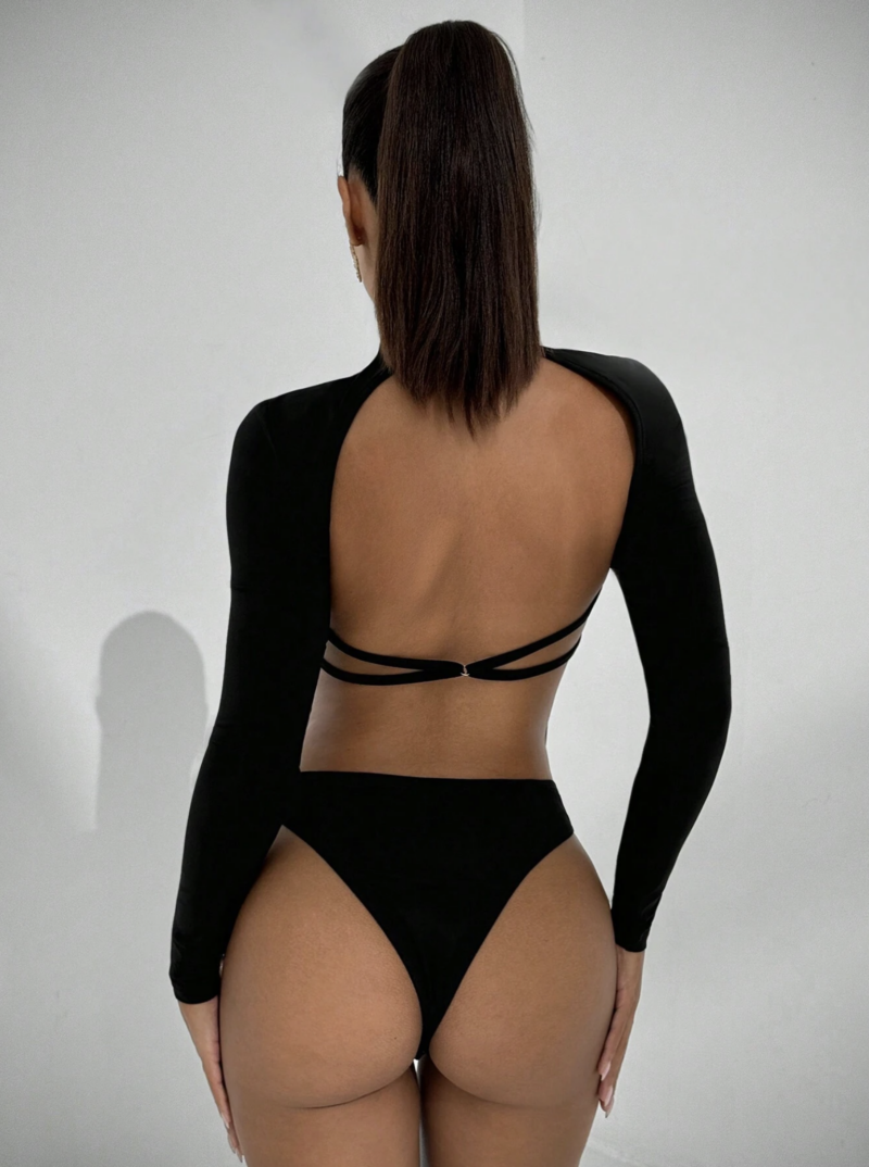 Pamy Black Full Sleeves Backless Bodysuit - Image 2