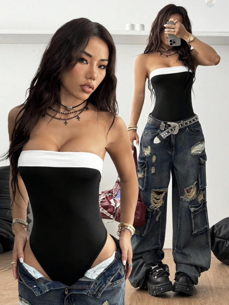 Lipika Black Off Shoulder Contrast Neck Bodysuit