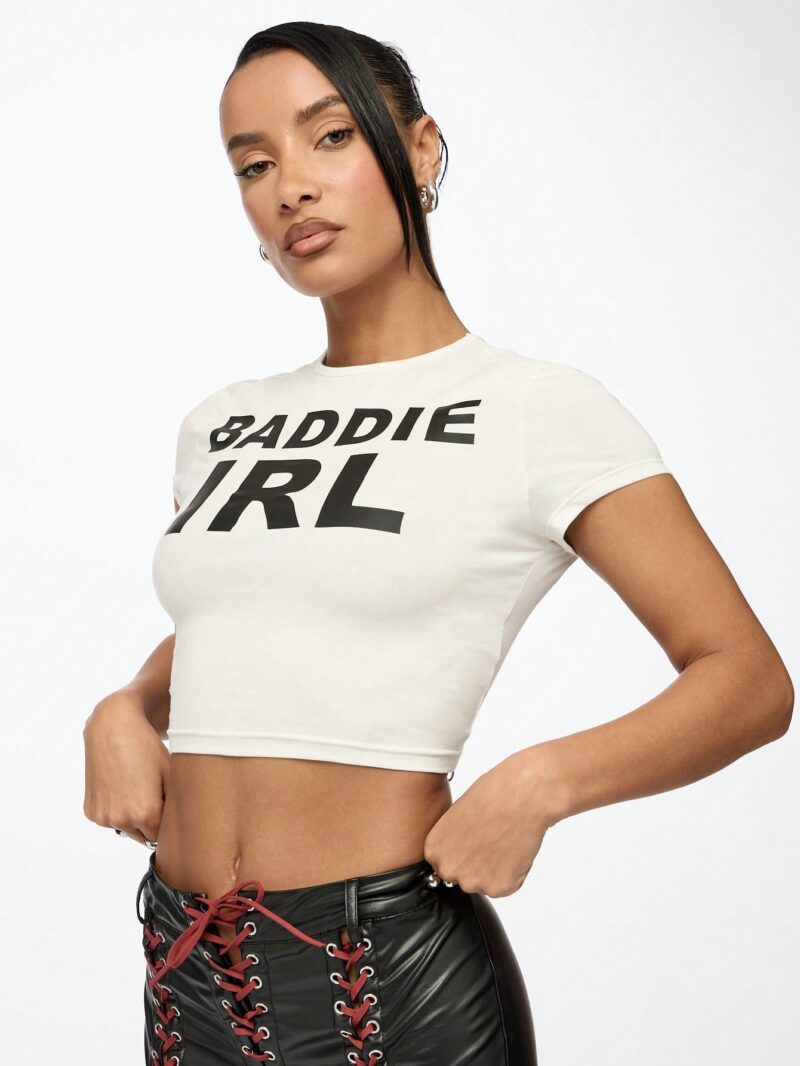 Baddie Printed White Baby Tee - Image 3