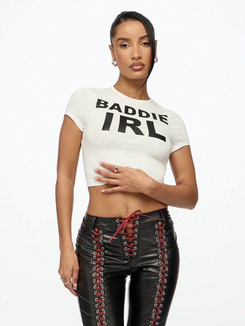 Baddie Printed White Baby Tee - Image 5