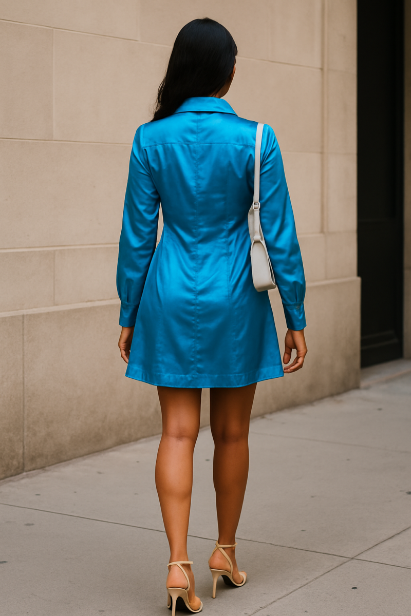 Naomi Sapphire Buttoned Satin Shirt Dress - Image 3