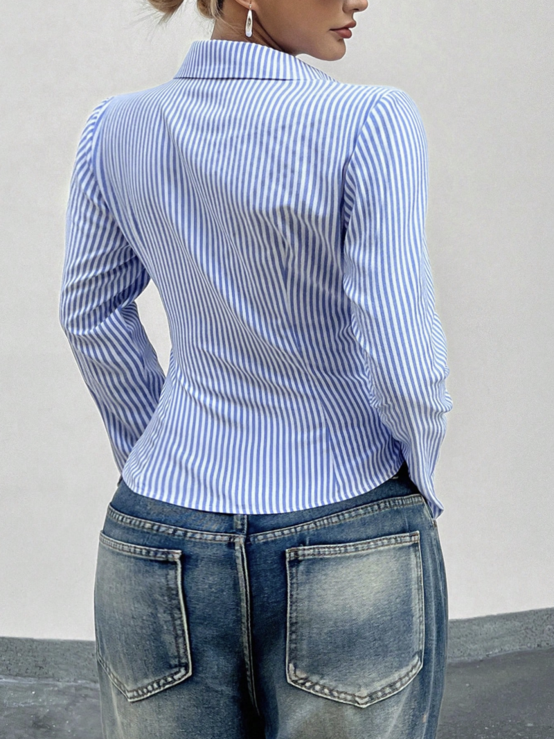 Amanda Blue Stripes Pleated Full Sleeves Shirt - Image 2