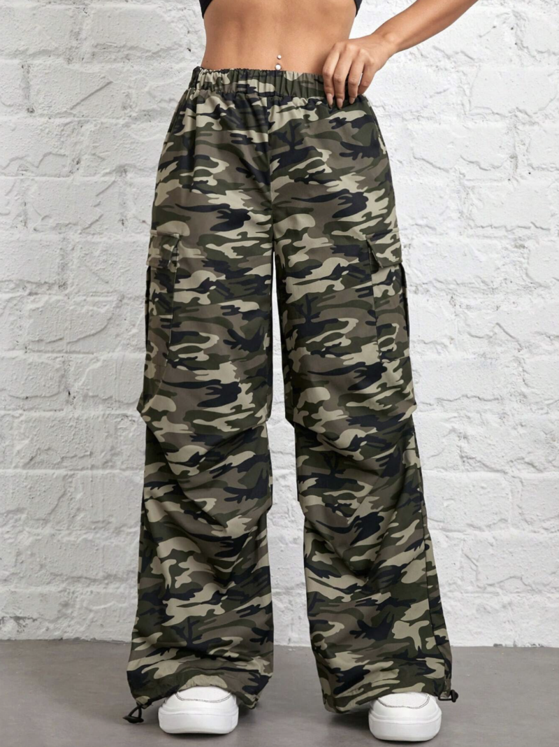 Khia Camo Print Oversized Cotton Cargo Pants