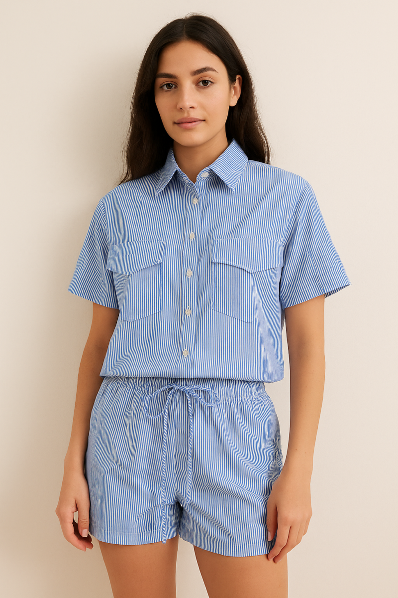 Sammy Blue Striped Shirt & Shorts Coord Set