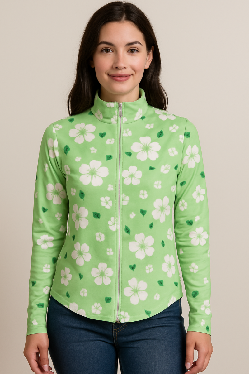 Sinny Green Floral Full Sleeves Zipper Top