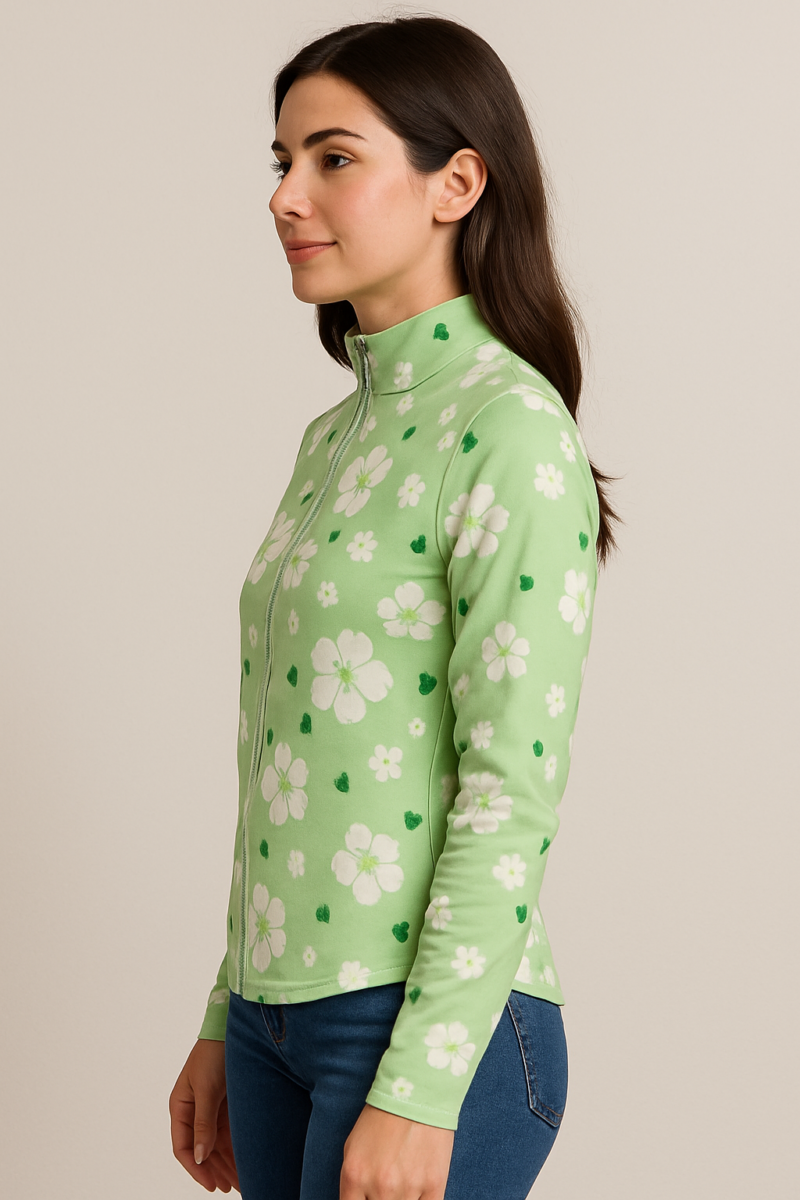Sinny Green Floral Full Sleeves Zipper Top - Image 2