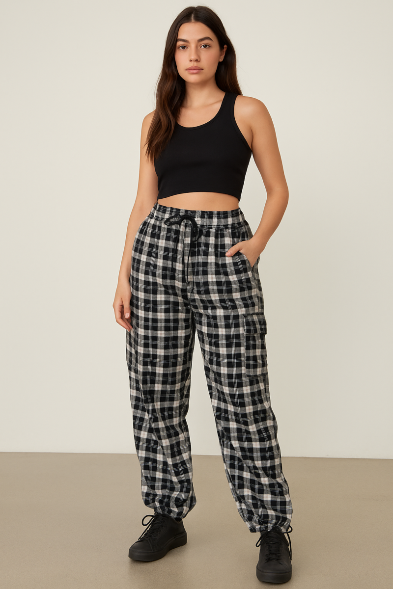 Elena Cotton Check Relaxed Fit Jogger